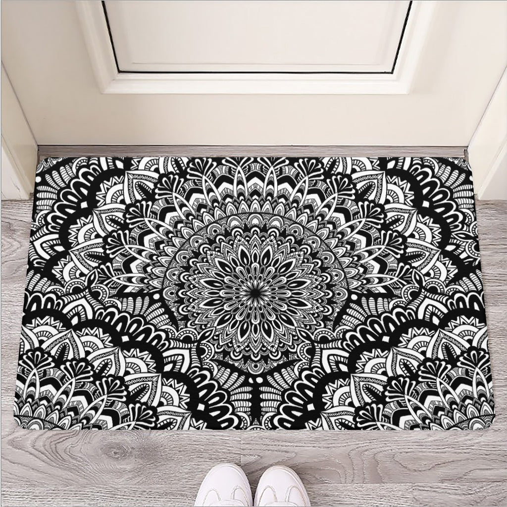 White And Black Mandala Print Rubber Doormat