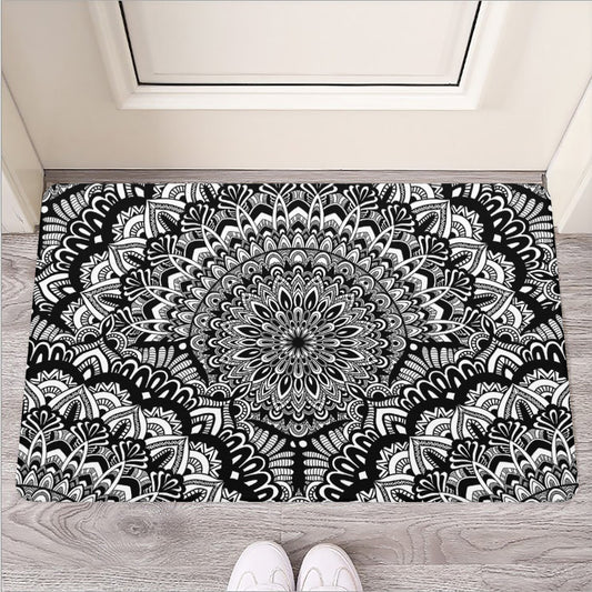 White And Black Mandala Print Rubber Doormat