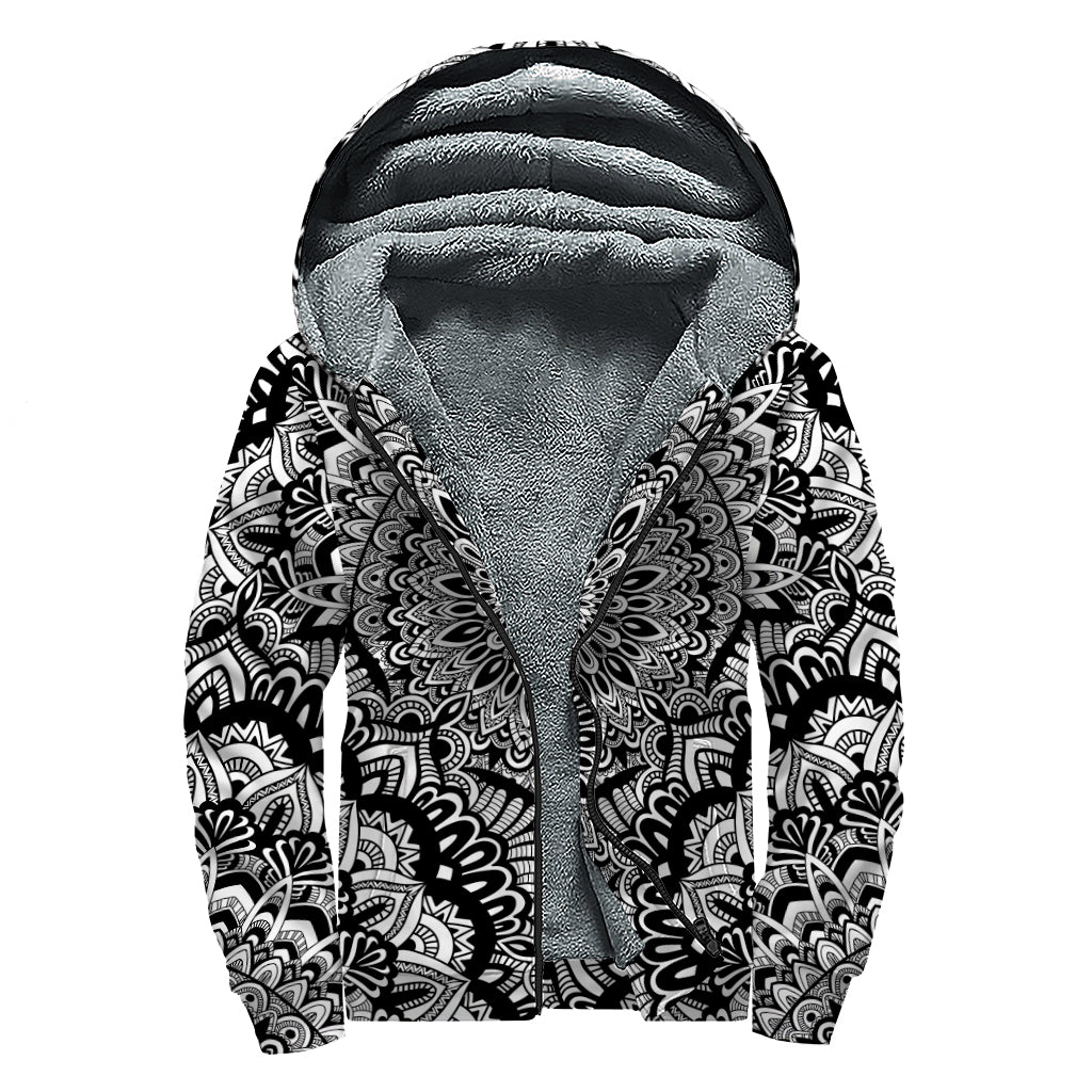 White And Black Mandala Print Sherpa Lined Zip Up Hoodie