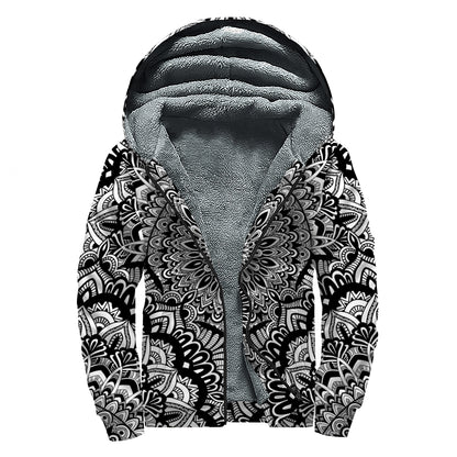 White And Black Mandala Print Sherpa Lined Zip Up Hoodie