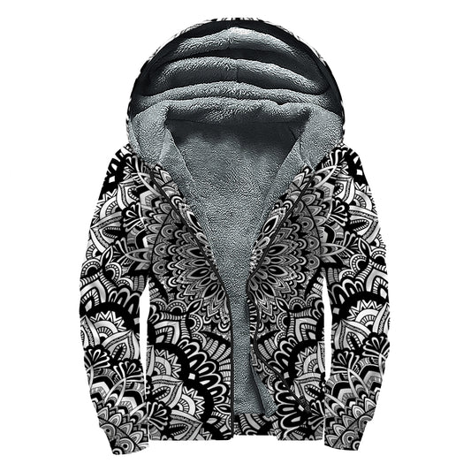 White And Black Mandala Print Sherpa Lined Zip Up Hoodie