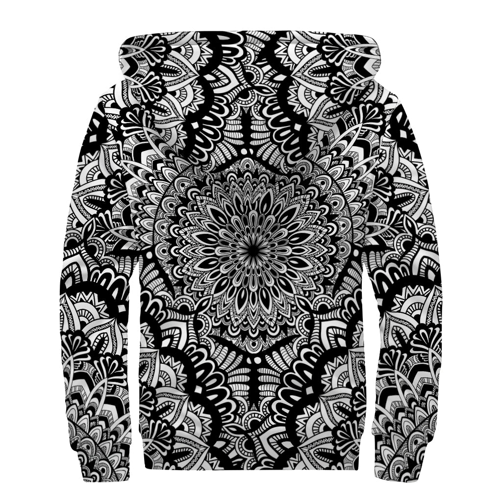 White And Black Mandala Print Sherpa Lined Zip Up Hoodie
