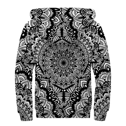 White And Black Mandala Print Sherpa Lined Zip Up Hoodie