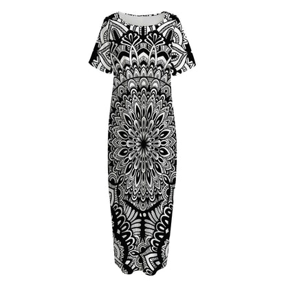 White And Black Mandala Print Short Sleeve Long Nightdress
