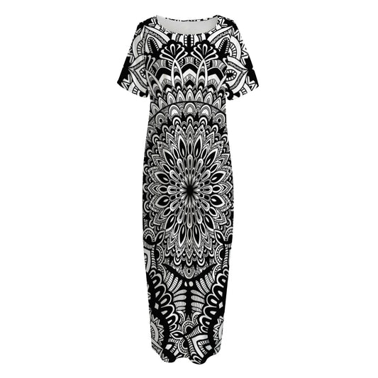 White And Black Mandala Print Short Sleeve Long Nightdress