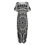 White And Black Mandala Print Short Sleeve Long Nightdress