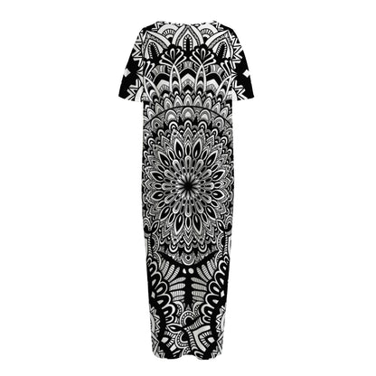 White And Black Mandala Print Short Sleeve Long Nightdress