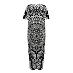 White And Black Mandala Print Short Sleeve Long Nightdress