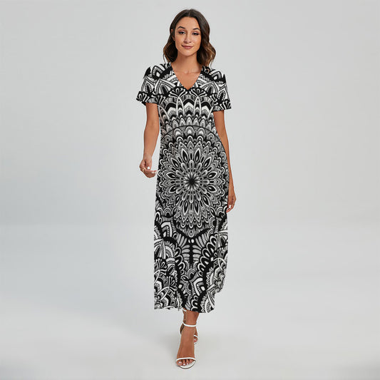 White And Black Mandala Print Short Sleeve Maxi Dress