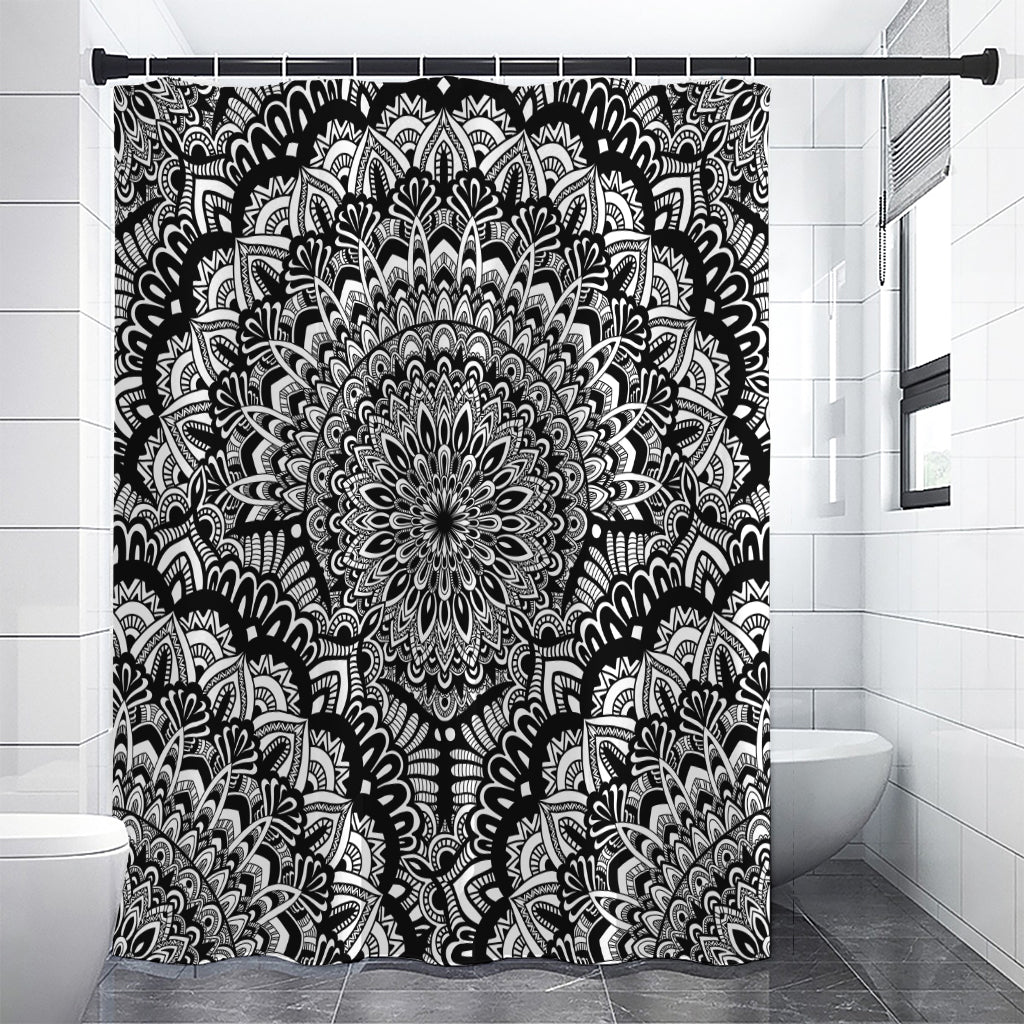 White And Black Mandala Print Shower Curtain