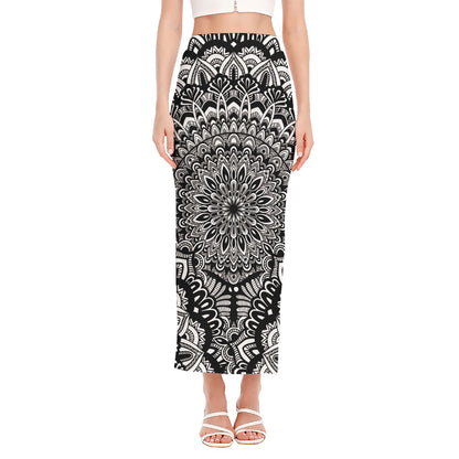 White And Black Mandala Print Side Slit Maxi Skirt