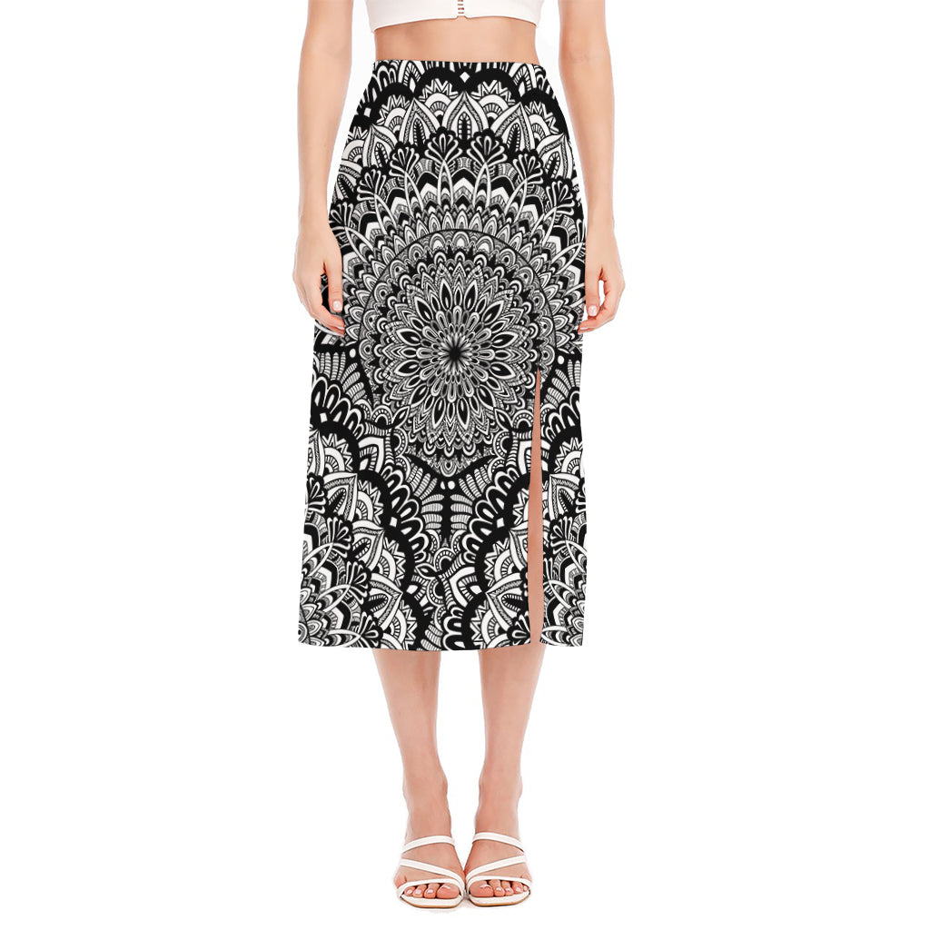 White And Black Mandala Print Side Slit Midi Skirt