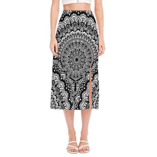 White And Black Mandala Print Side Slit Midi Skirt