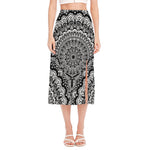 White And Black Mandala Print Side Slit Midi Skirt
