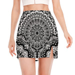 White And Black Mandala Print Side Slit Mini Skirt