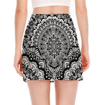 White And Black Mandala Print Side Slit Mini Skirt