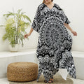 White And Black Mandala Print Silk V-Neck Kaftan Dress