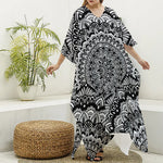 White And Black Mandala Print Silk V-Neck Kaftan Dress