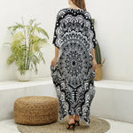 White And Black Mandala Print Silk V-Neck Kaftan Dress