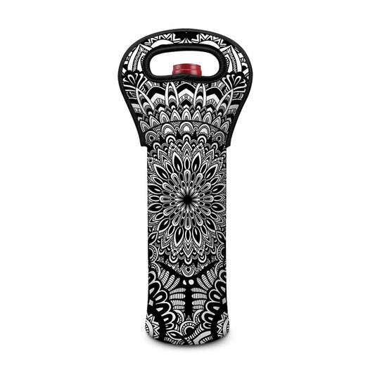 White And Black Mandala Print Single Neoprene Wine Tote
