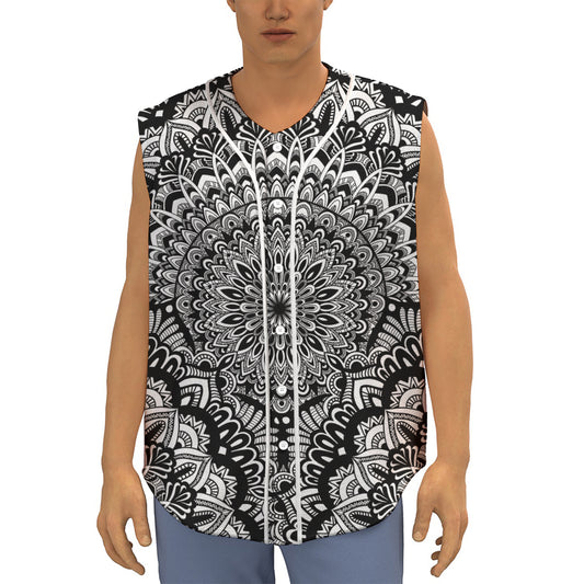White And Black Mandala Print Sleeveless Baseball Jersey