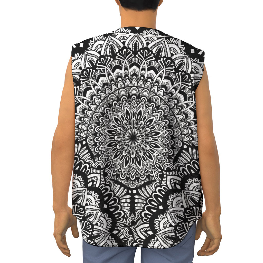 White And Black Mandala Print Sleeveless Baseball Jersey