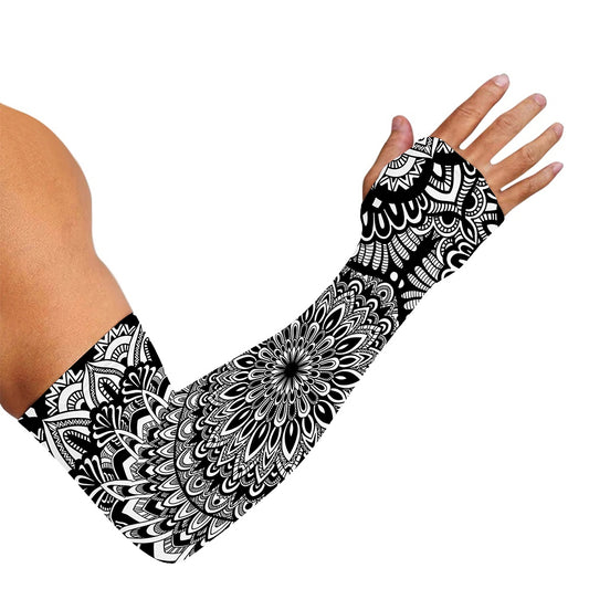 White And Black Mandala Print Sun Protection Arm Sleeves