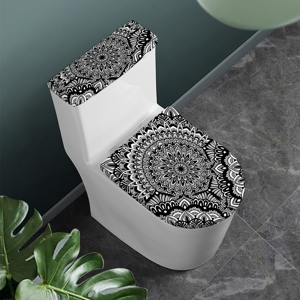 White And Black Mandala Print Toilet Lid And Tank Cover Set
