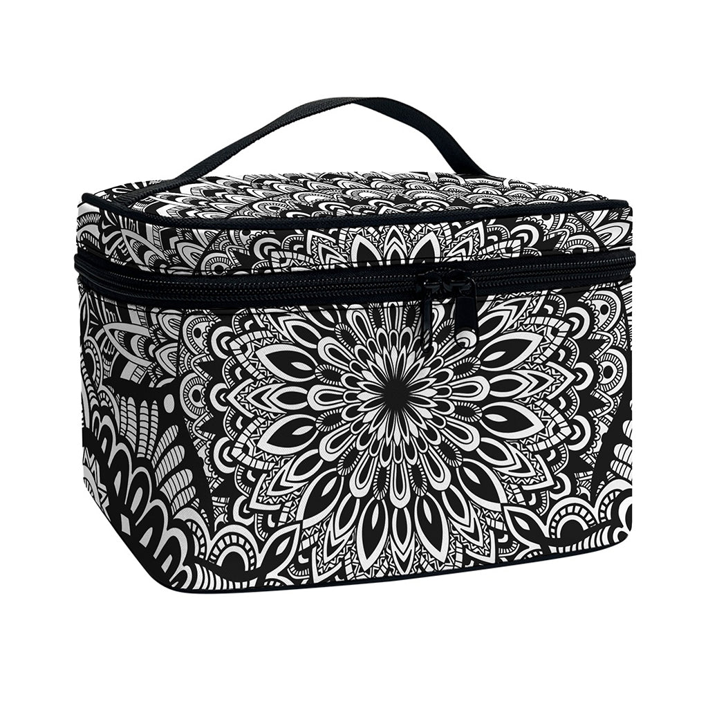 White And Black Mandala Print Travel Makeup Bag