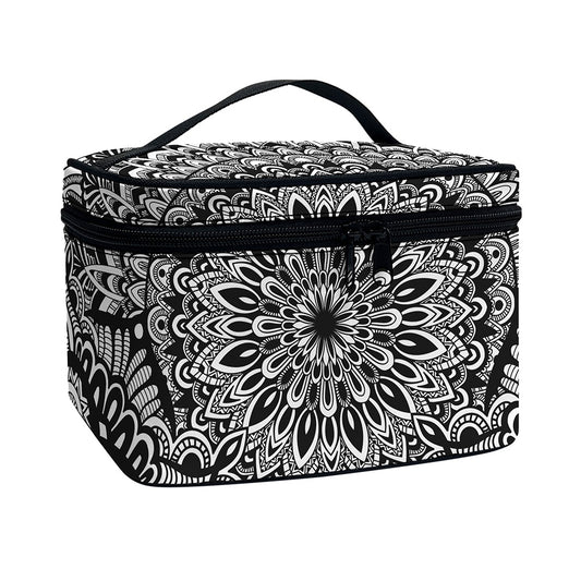 White And Black Mandala Print Travel Makeup Bag