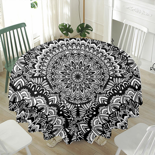 White And Black Mandala Print Waterproof Round Tablecloth