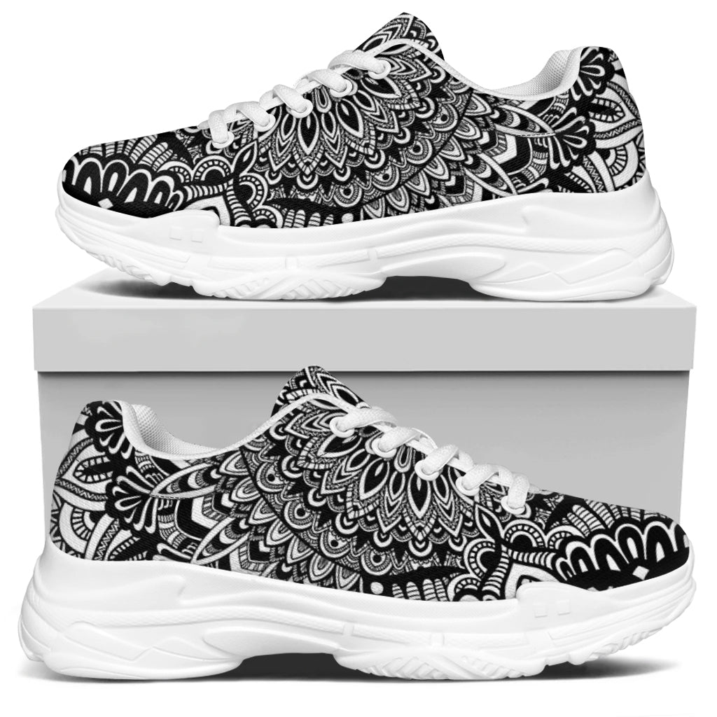 White And Black Mandala Print White Chunky Shoes