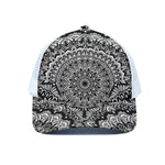 White And Black Mandala Print White Mesh Trucker Cap
