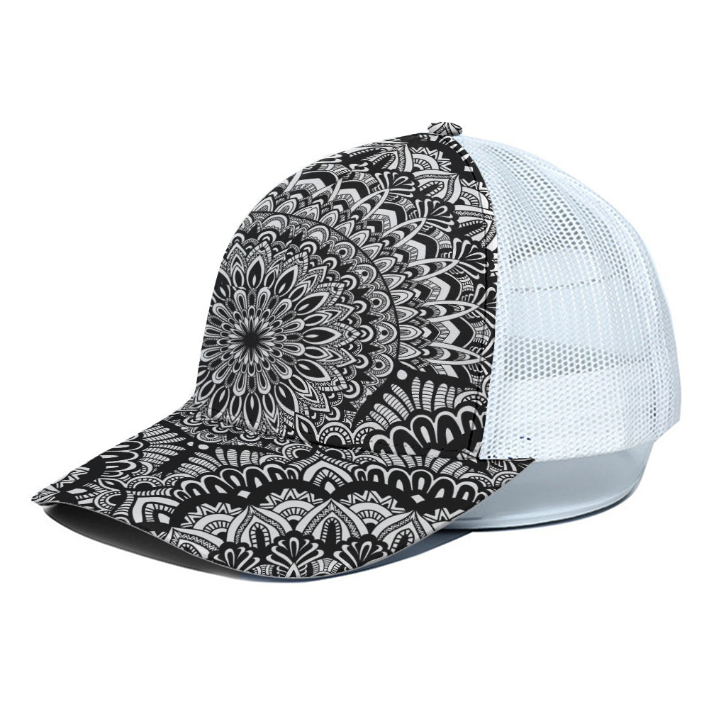 White And Black Mandala Print White Mesh Trucker Cap