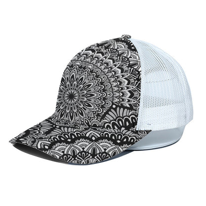 White And Black Mandala Print White Mesh Trucker Cap