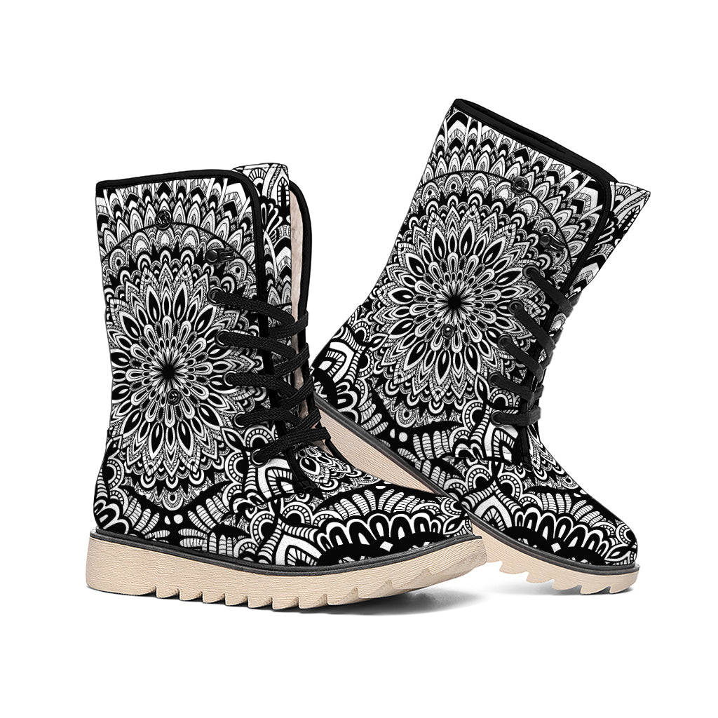 White And Black Mandala Print Winter Boots
