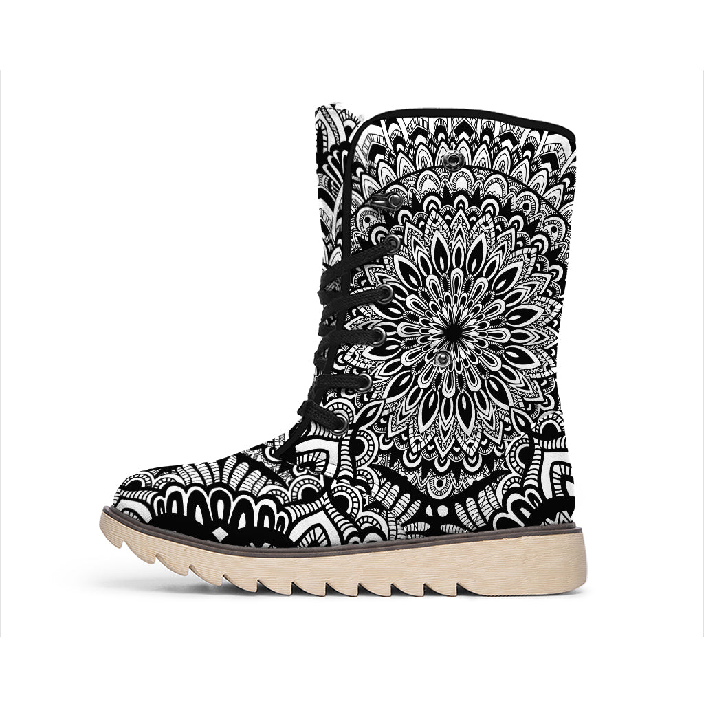 White And Black Mandala Print Winter Boots