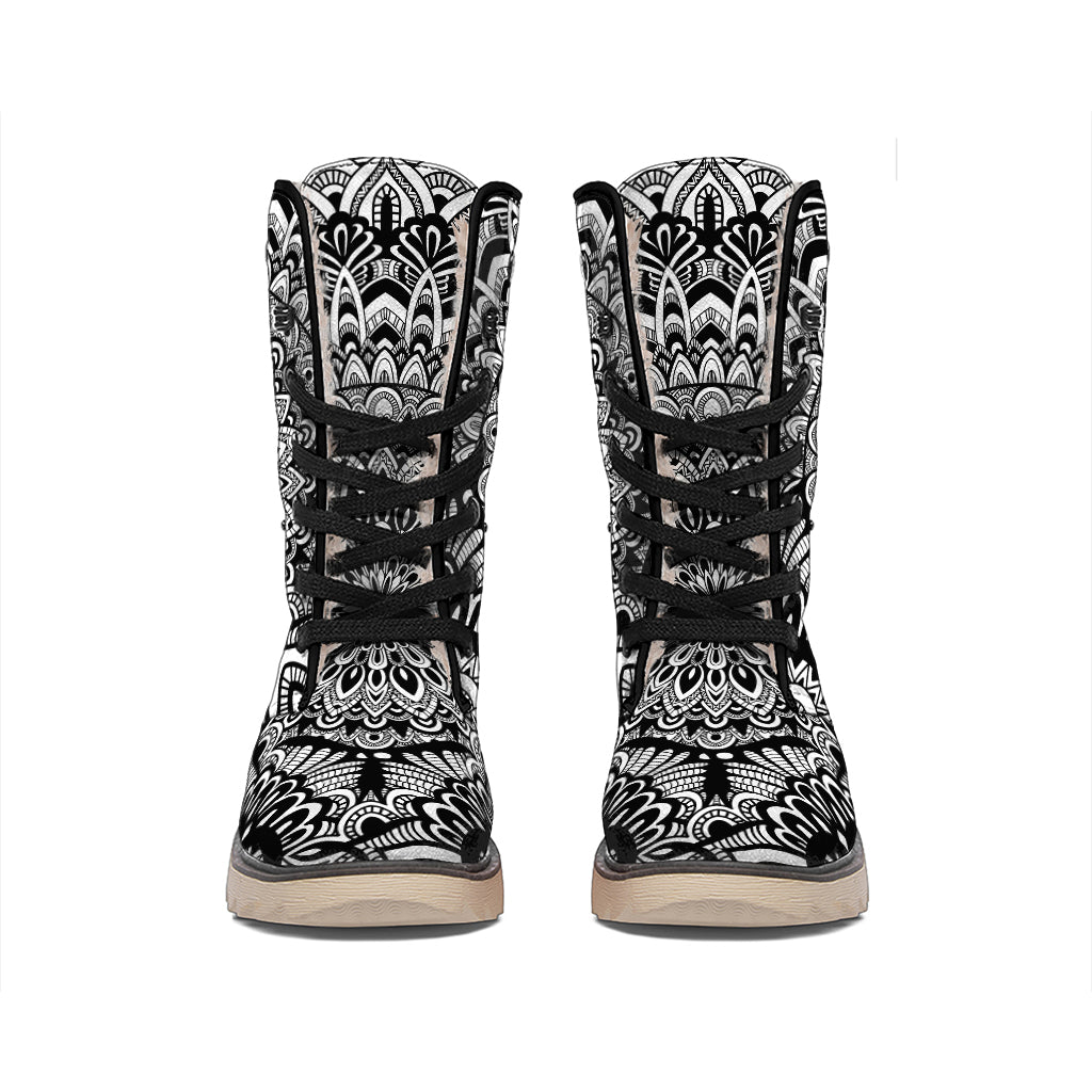 White And Black Mandala Print Winter Boots