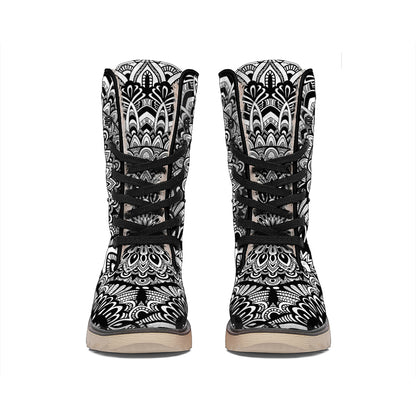 White And Black Mandala Print Winter Boots