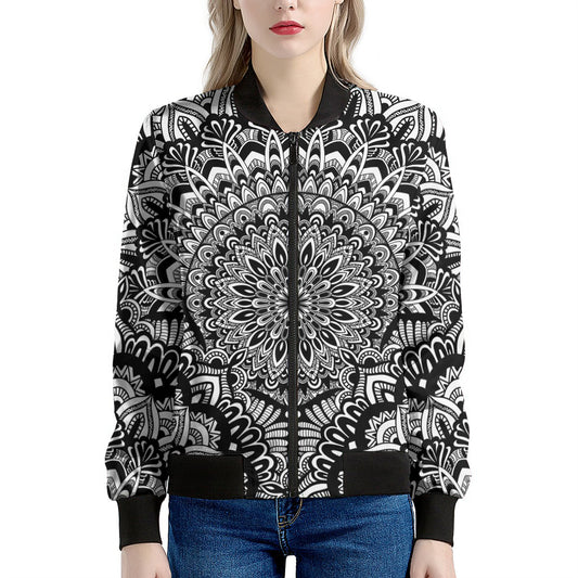 White And Black Mandala Print Women's Bomber Jacket