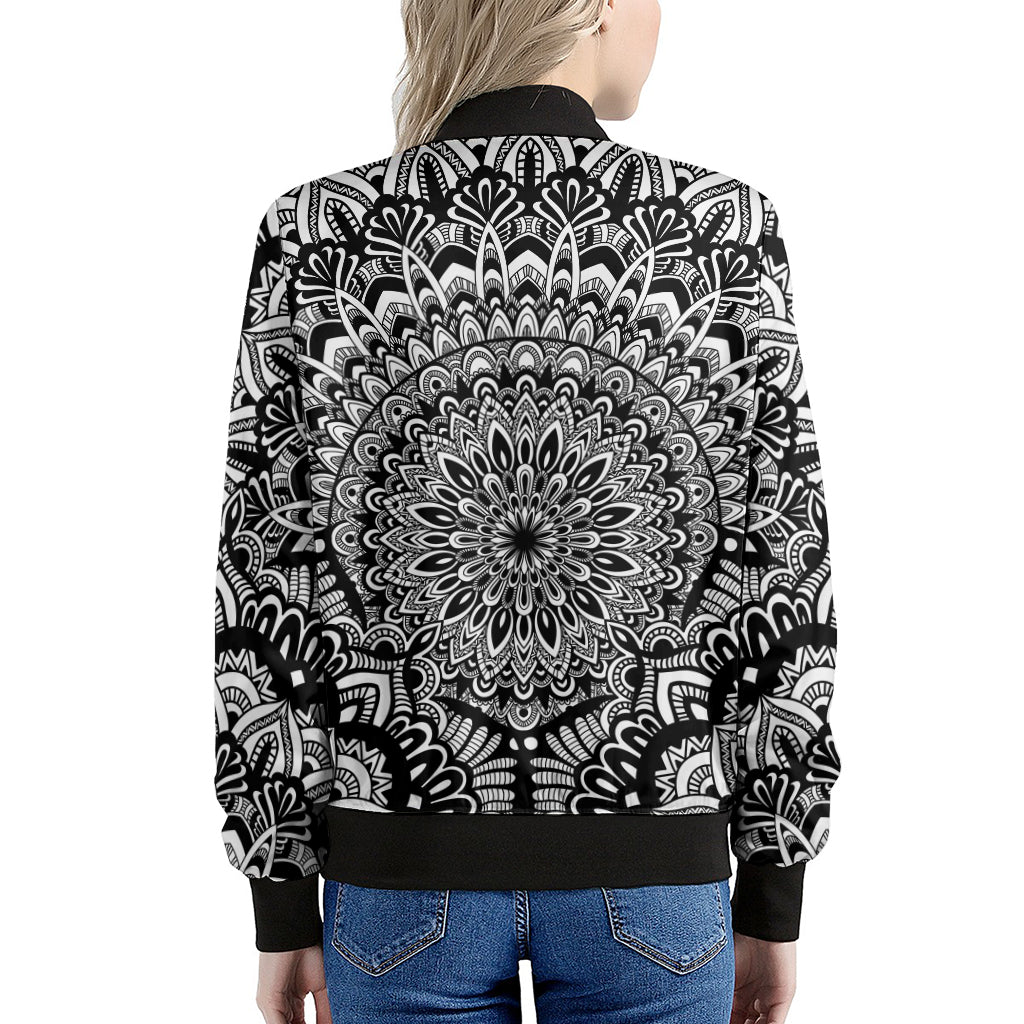 White And Black Mandala Print Women's Bomber Jacket