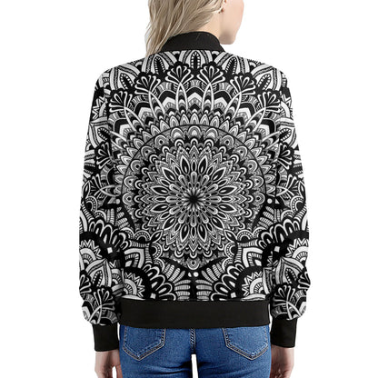 White And Black Mandala Print Women's Bomber Jacket