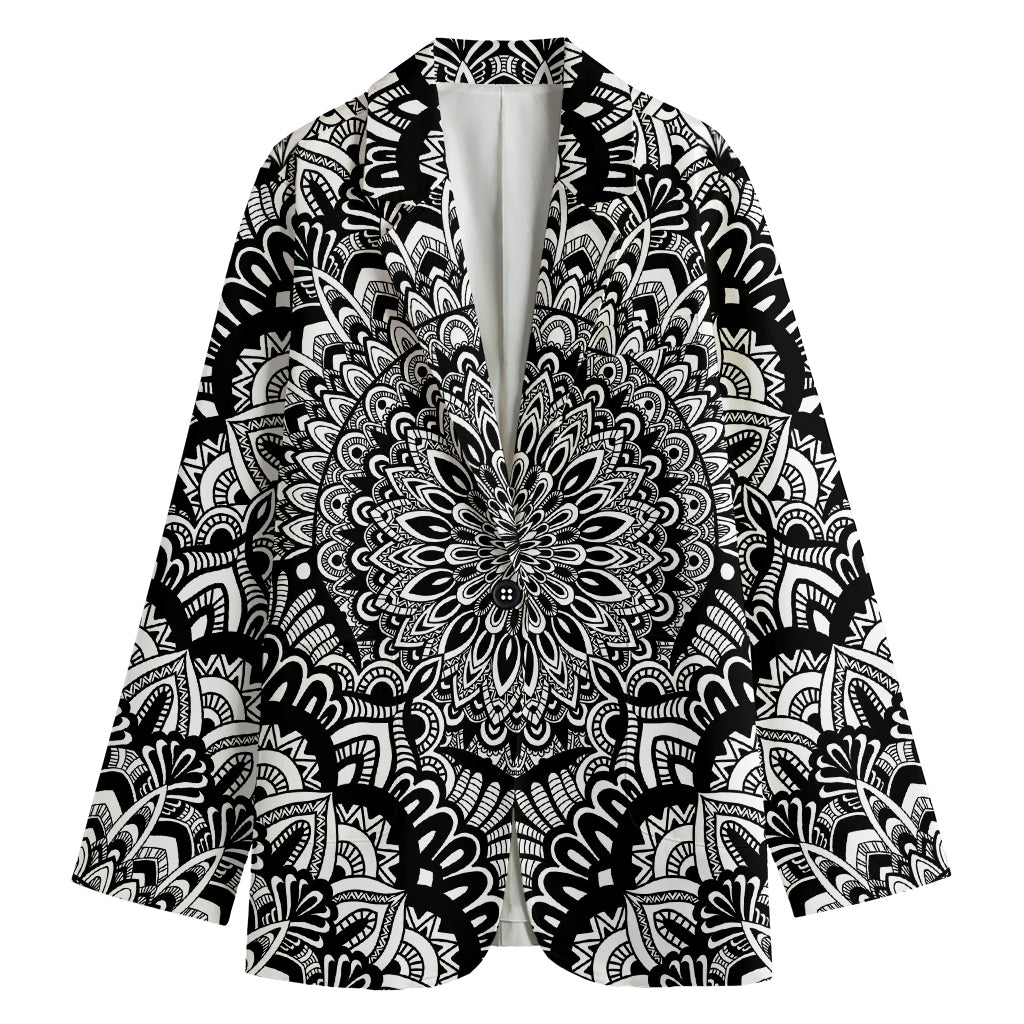 White And Black Mandala Print Women's Cotton Blazer