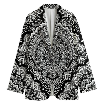 White And Black Mandala Print Women's Cotton Blazer