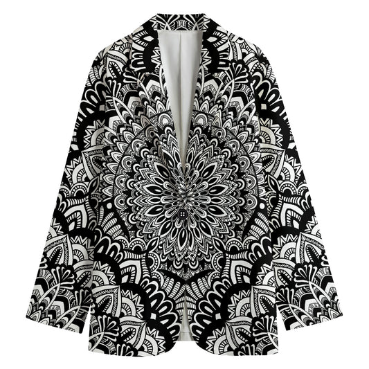 White And Black Mandala Print Women's Cotton Blazer