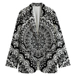 White And Black Mandala Print Women's Cotton Blazer