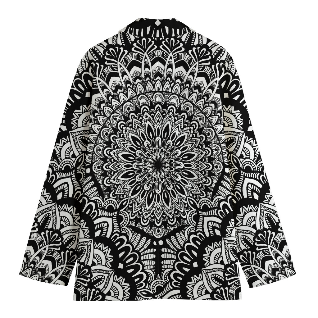 White And Black Mandala Print Women's Cotton Blazer