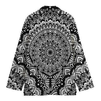 White And Black Mandala Print Women's Cotton Blazer