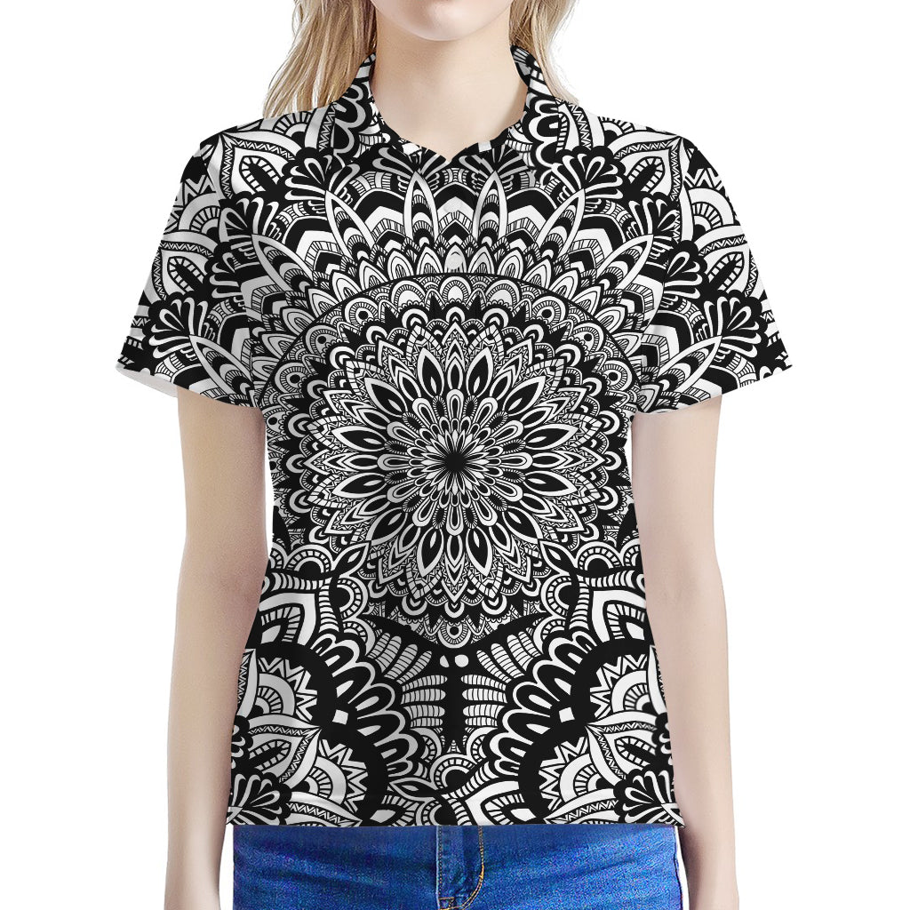White And Black Mandala Print Women's Polo Shirt