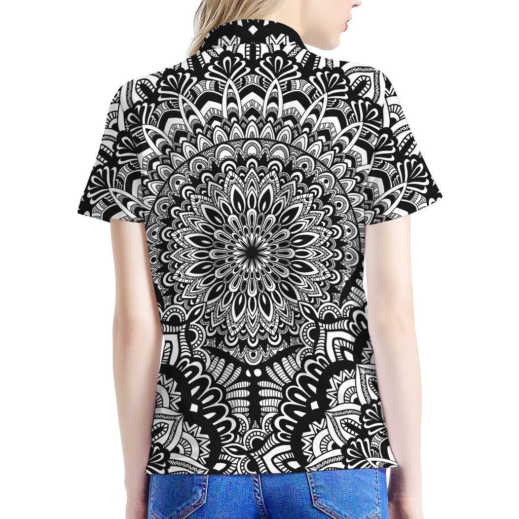 White And Black Mandala Print Women's Polo Shirt